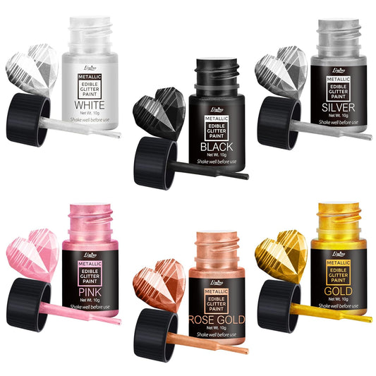 Edible Glitter Paint - 6 Colors Food Grade Metallic Glitter Cake Paint for Cake Decorating, Baking, Cupcakes, Cookies - Shimmer Art Decorative Liquid Edible Paint Food Coloring for Fondant, Donuts