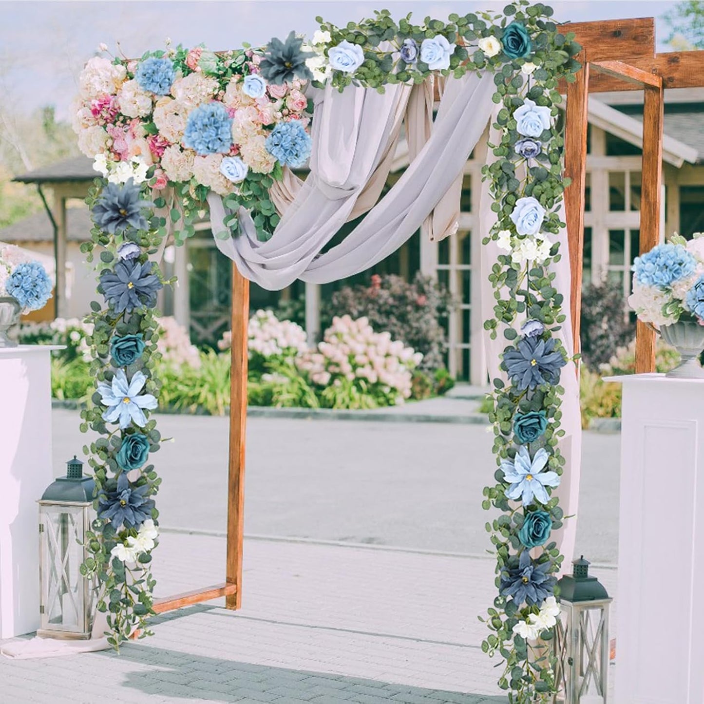 Waipfaru 6.07Ft Artificial Eucalyptus Garland With Flowers - Wedding Table Decorations, Floral Rose for Centerpieces, Backdrop Wall Flower Vines, Room Decor (Dusty Blue)