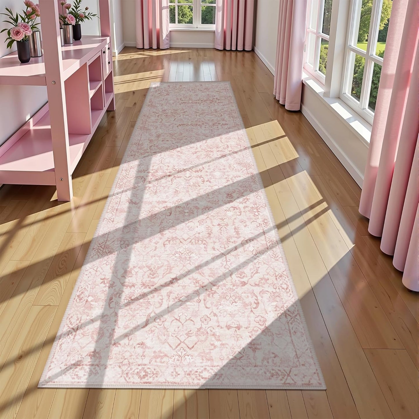 Pink 3x12 Runner Rug for Hallways Bed Side Kitchen, Boho Washable Distressed Low-Pile Floor Entryway Long Bathroom Mat, Non-Slip Laundry Room Washstand Front Carpet Green 36x144 Inch