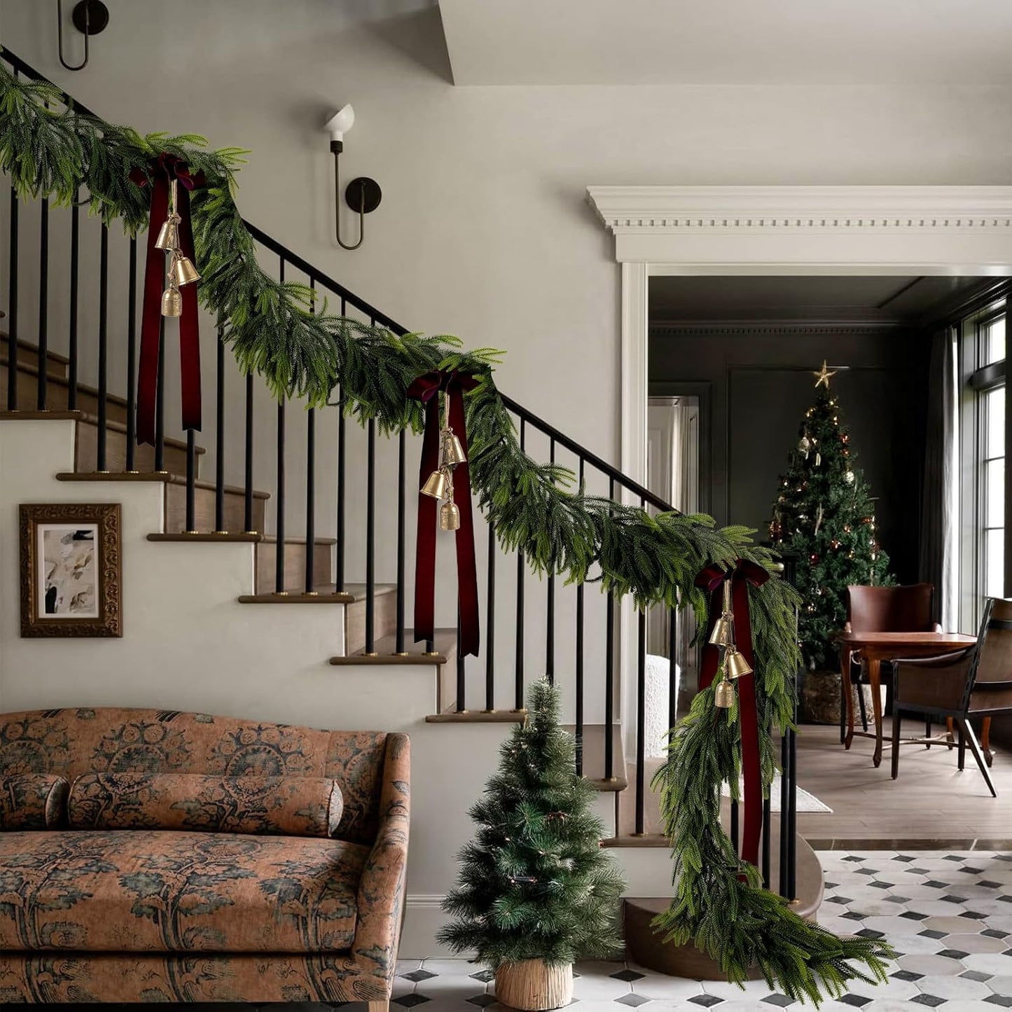 N&T NIETING 9FT Christmas Norfolk Pine Garland, Real Touch Pine Garlands Faux Greenery Garland Winter Christmas Garland for Table Mantle Holiday Indoor Outdoor Xmas Decorations (4 Pcs)