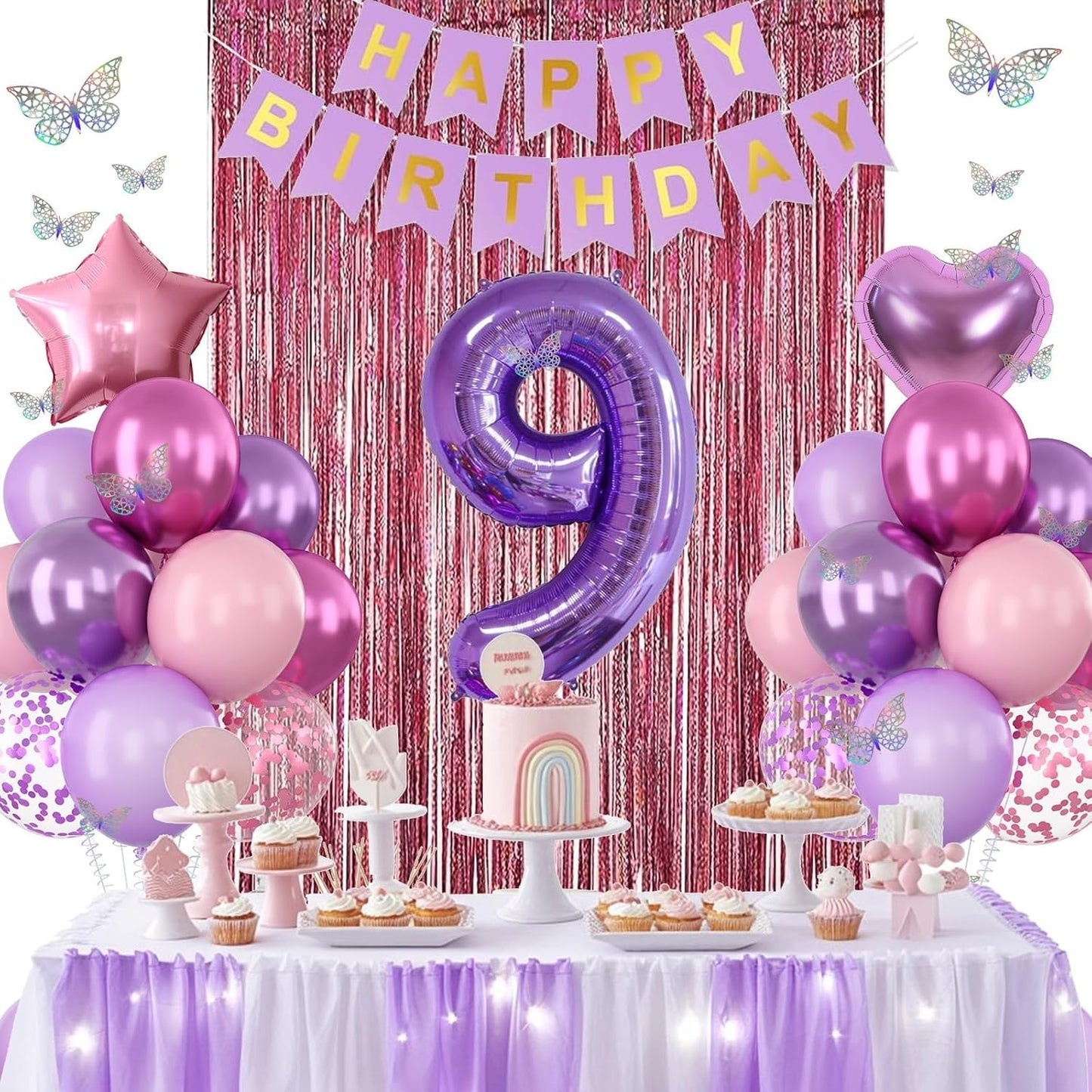 Pink Purple 9th Birthday Party Decorations for Girls Number 9 Balloon Happy Birthday Banner Butterfly Stickers Fringe Curtain Paper Pom Poms Metallic Hot Pink Star Foil Balloons 9 Year Old Princess