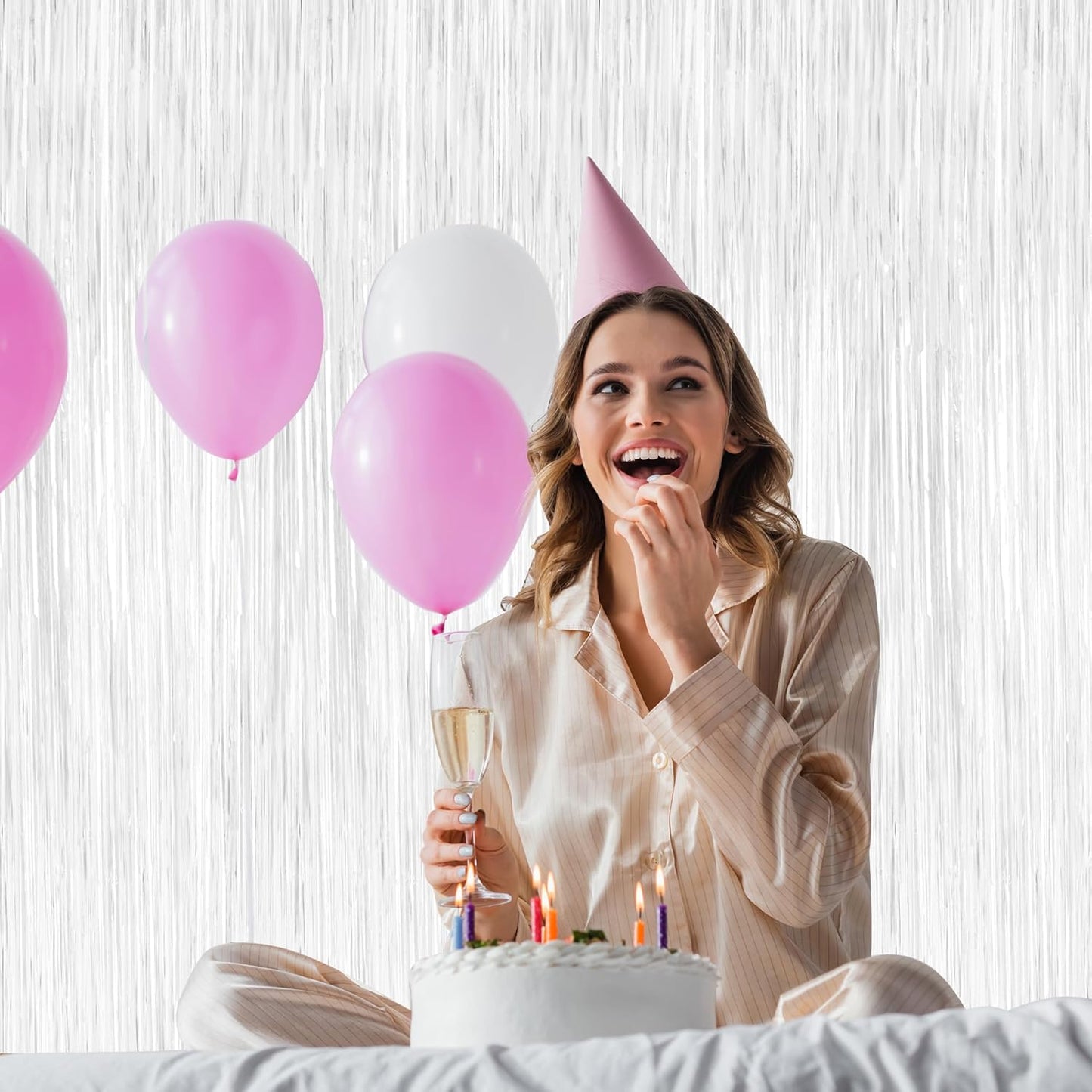 2 Pack Tinsel Backdrop, 3.28 x 7.05 Feet White Party Decorations, Metallic Foil Fringe Curtains Streamer Backdrop, Party Supplies Photo Props for Birthday Anniversaries Wedding