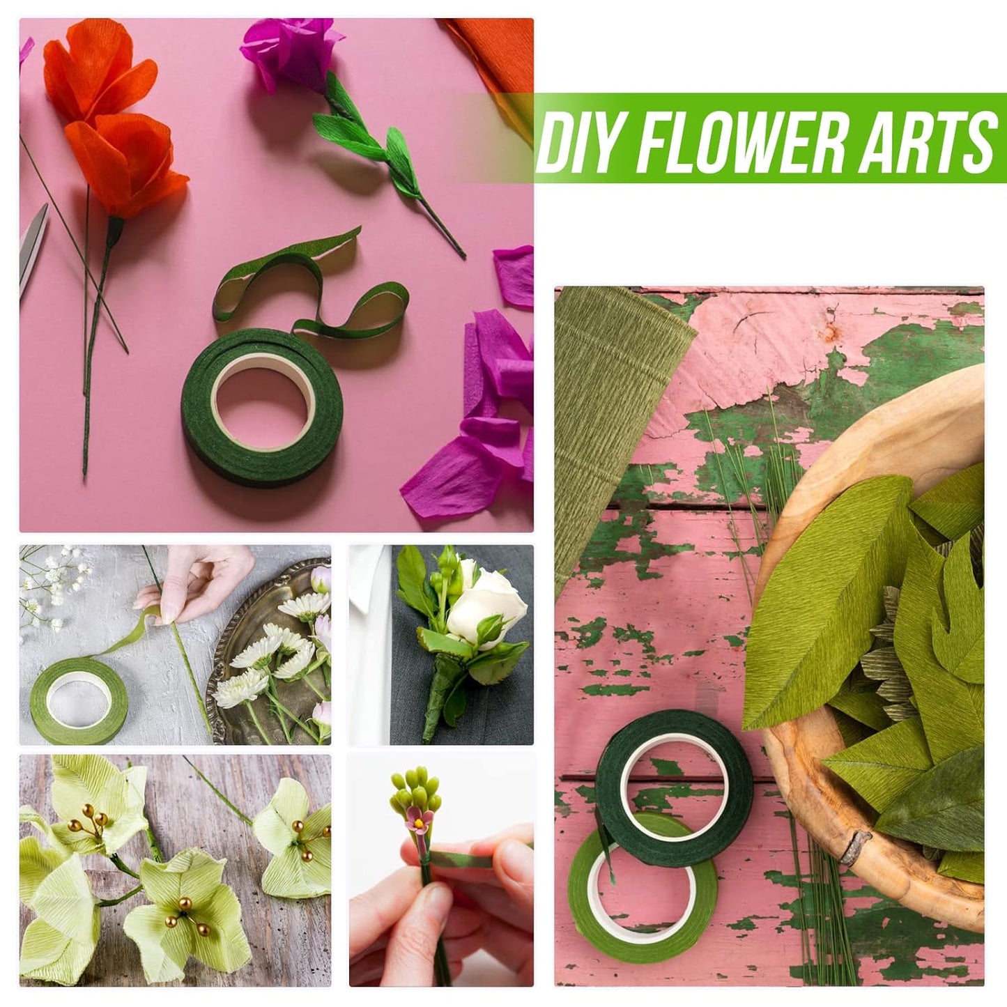 GLAMFIELDS 200 Pieces Green Floral Stem Wire 14 inch 22 Gauge Wire and 3 Rolls 1/2" Wide Floral Tape (30Yard/roll) for Bouquet Stem Wrap, Flower Arrangements Kit, DIY Crafts, Flower Making Supplies