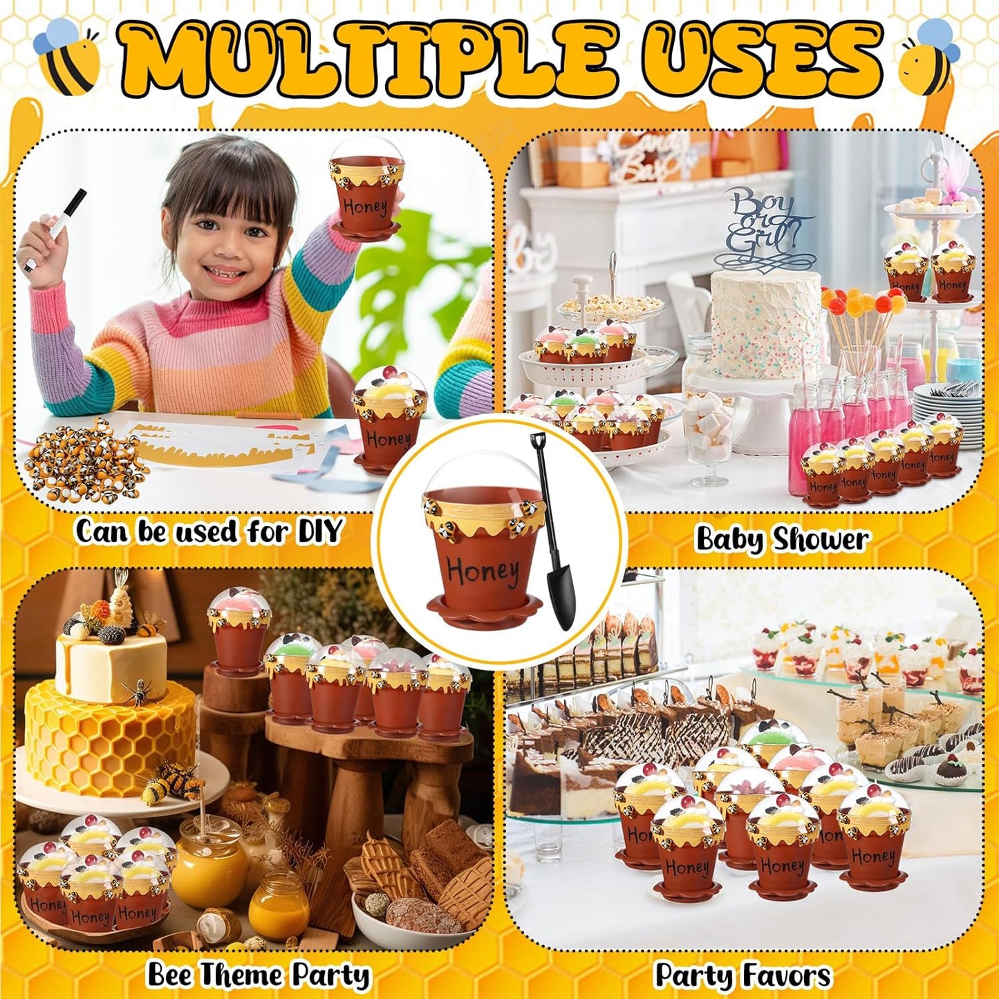 30 Sets Mini Honey Bee Pots with Lids, Spoon, Saucers and Bee Charms, 6.76 OZ Plastic Honey Jars for Cupcake Dessert Themed Party Favor Planter Baby Shower Birthday Wedding Decoration (Brown)