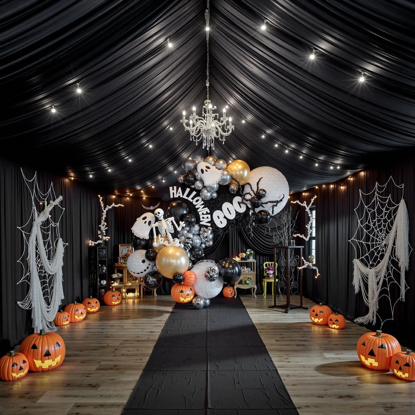 PartyVillage 20ftx40ft Black Ceiling Curtain for Halloween Parties – 4 Panels Wrinkle-Free 40 FT Long Tent Draping Curtains for Wedding, Birthday & Theme Parties, 40ft Height with Rod Pocket