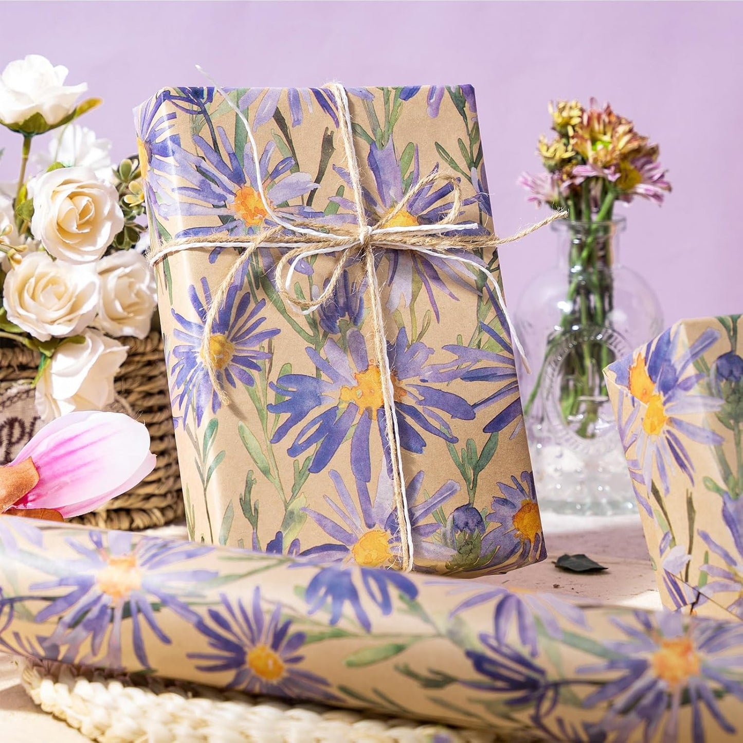 RUSPEPA Purple Daisy Floral Wrapping Paper, Watercolor Flower Kraft Paper - Mini Roll - 17 in x 32.8 ft Each Roll, Gift Wrapping Paper for Girls, Women, Wedding and Birthday,