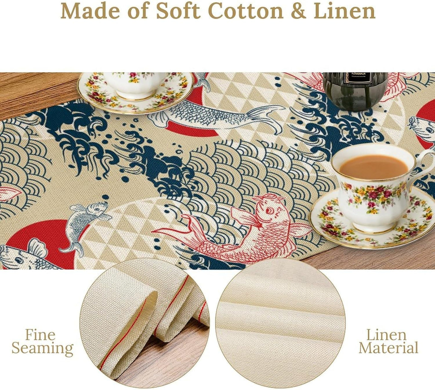 Japanese Table Runner Oriental Tradition Kio Fish Art Printed Burlap Runner Home Kitchen Dining Table Living Room Decor Fabric 1 Panel W13xL60in