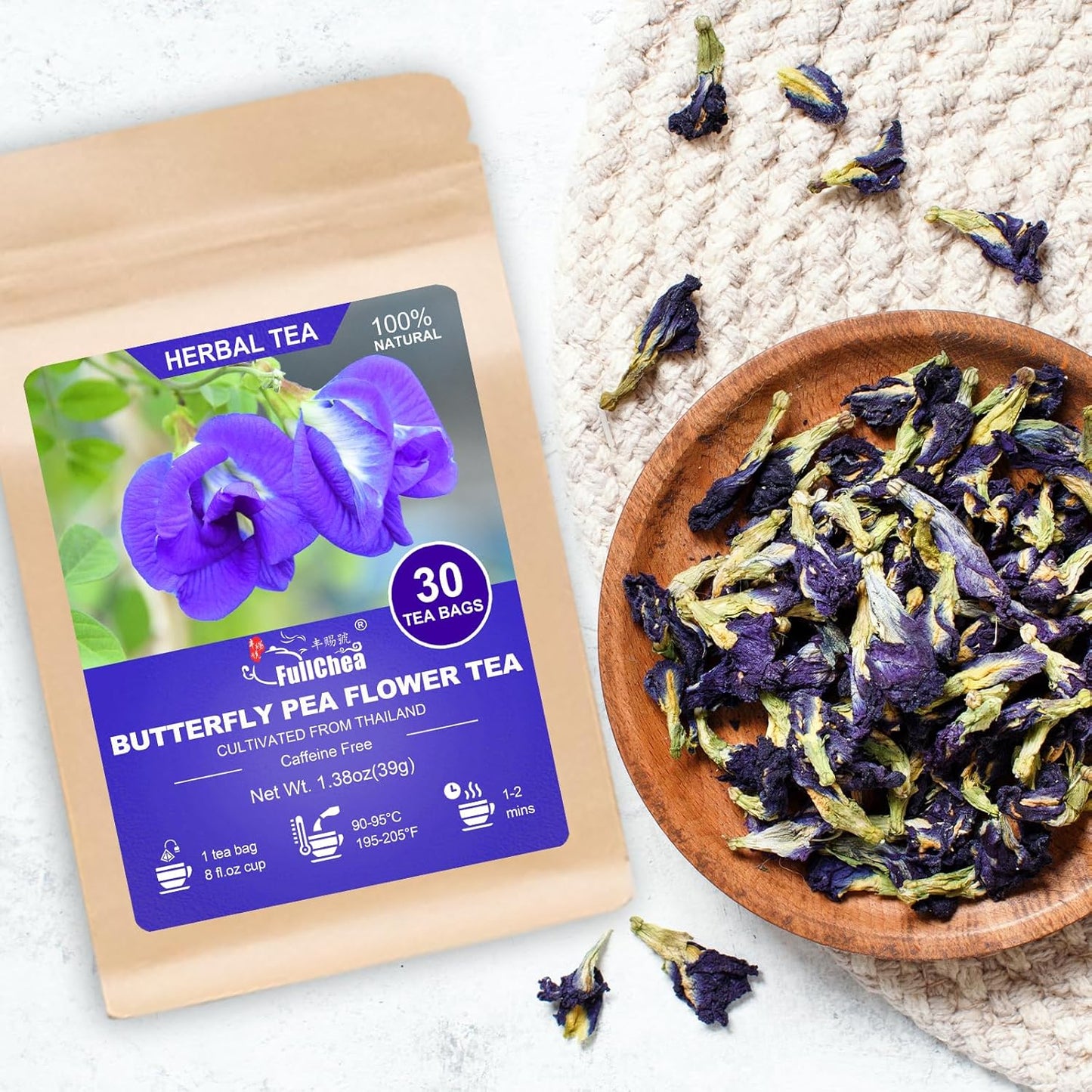 FullChea - Butterfly Pea Flower Tea Bags, 30 Teabags, 1.3g/bag - Premium Dried Butterfly Pea, Cultivated From Thailand - Non-GMO - Caffeine-free - Rich In Antioxidants & Support Eye Health
