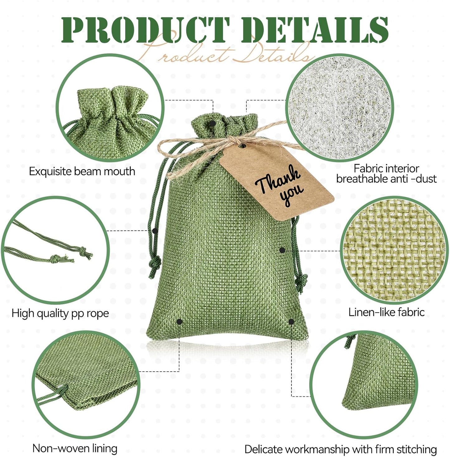 Woanger 100 Pcs Burlap Gift Bags with 100 Pcs Kraft Paper Gift Tags Drawstring Favor Bulk Burlap Sack Bags for DIY Wedding Party Craft (4 x 6 Inch,Army Green)