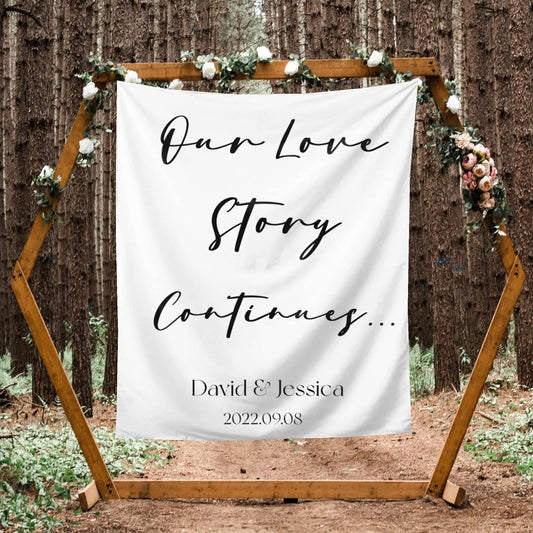 Our Love Story Continues Backdrop Custom Tapestry with Names and Date Personalized Calligraphy Banner for Ceremony Rustic Wedding Sign Reception Arch