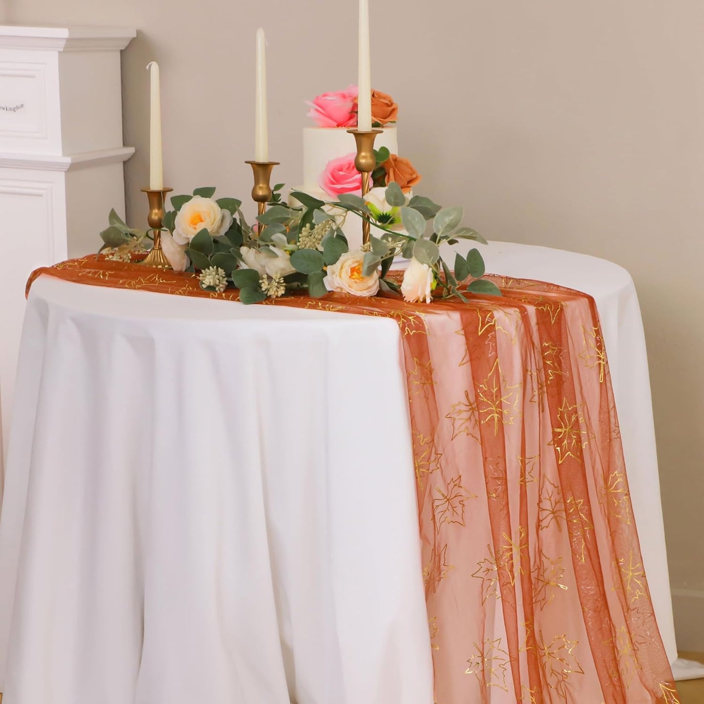 Snowkingdom Terracotta Gold Table Runner 10Ft, Gold Maple Leaves Burnt Orange Gauze Chiffon Runners 120 Inch, Fall Glitter Dining Table Centerpieces Decorations for Thanksgiving Autumn Harvest Party