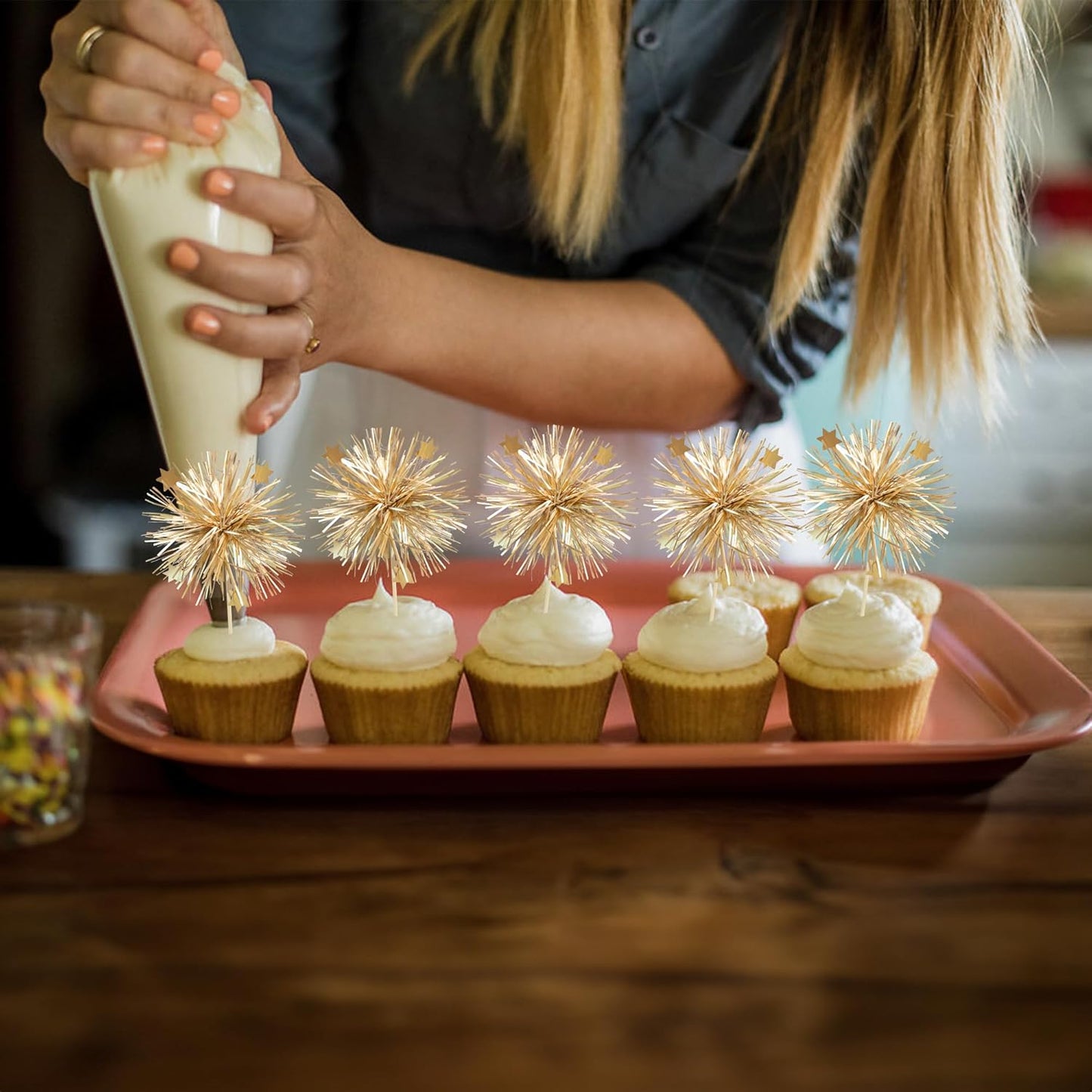 Ephlyn 30Pcs Foil Firework Cupcake Toppers Party Birthday Cake Toppers Supplies Sparkle Tinsel Cocktail Fruit Toothpick for Birthday Wedding Graduation Party Supplies Gold