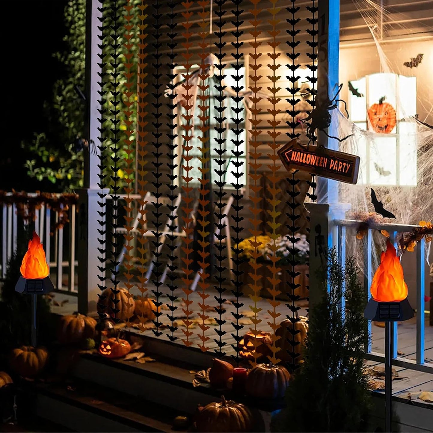 CANREVEL 2 Pack 3.2x6.5 Feet Halloween Foil Fringe Backdrop Curtains, Black and Orange Bat Tinsel Streamers Party Decorations, Fringe Backdrop for Wall Door Indoor Outdoor Decorations