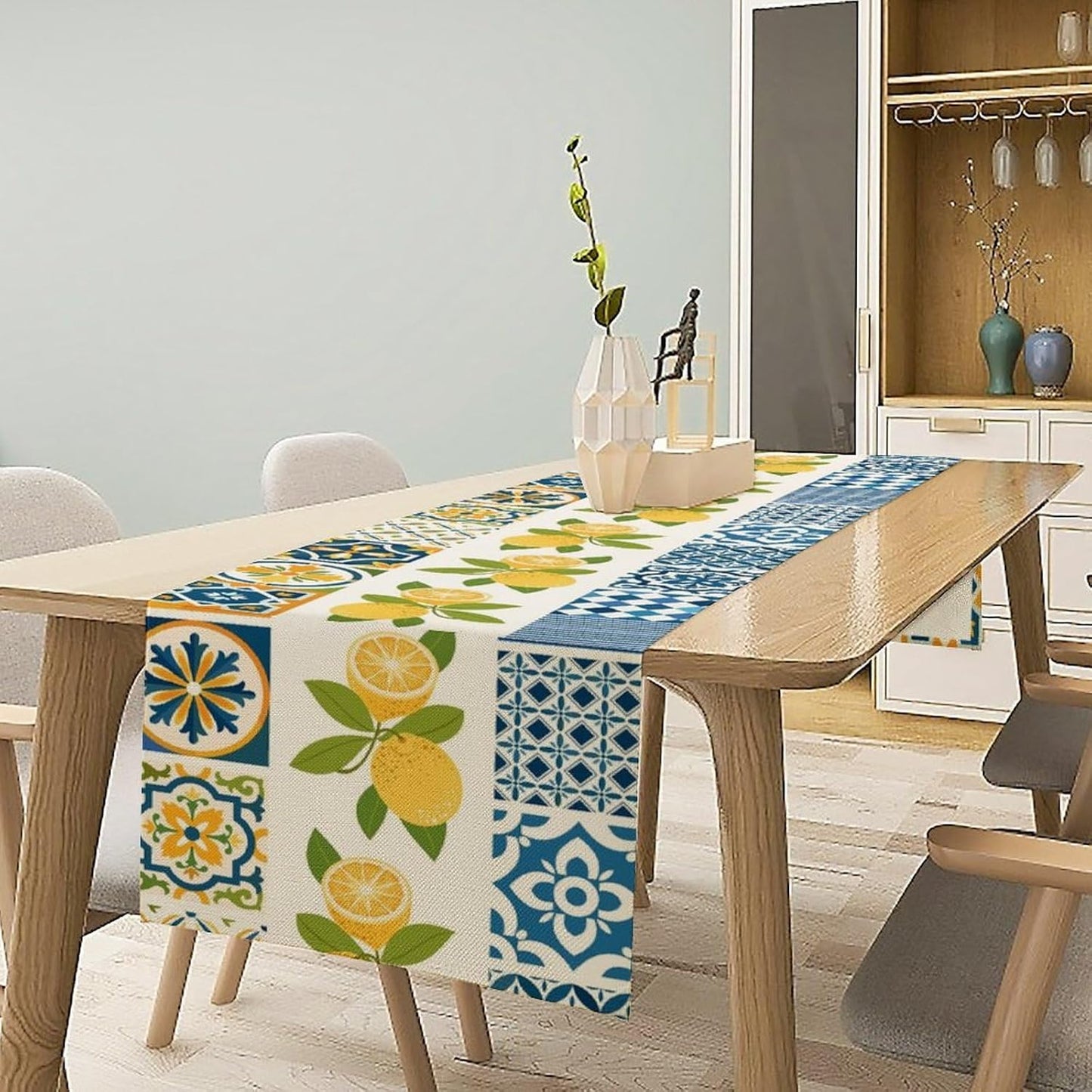 Lemon Table Runner,Watercolor Blue Fruits Green Leaves Print Table Cloth Kitchen Dining Table Home Party Decoration 13x36 Inch