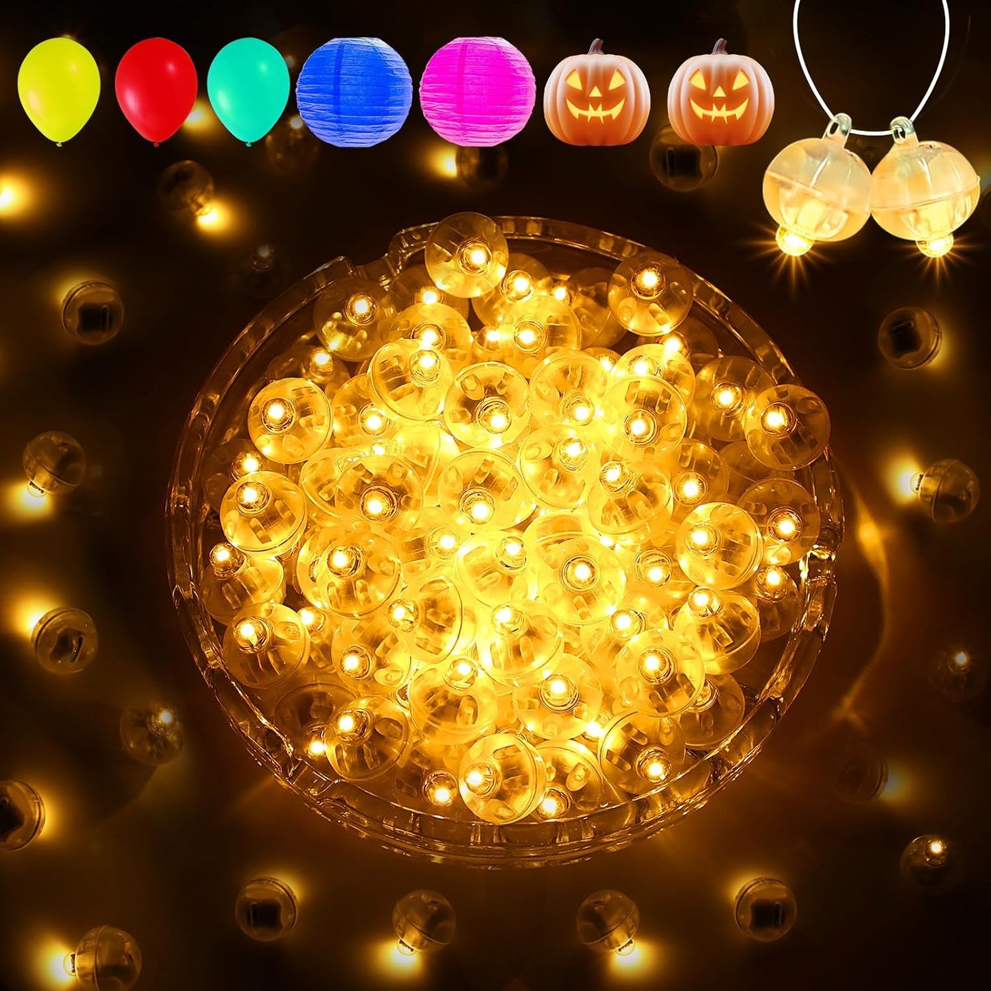 Aogist 100Pcs Yellow Balloon Lights with Hook,Long Standby Time,Waterproof Mini Light for Birthday Party Wedding Christmas Halloween Easter Decorative (Steady)