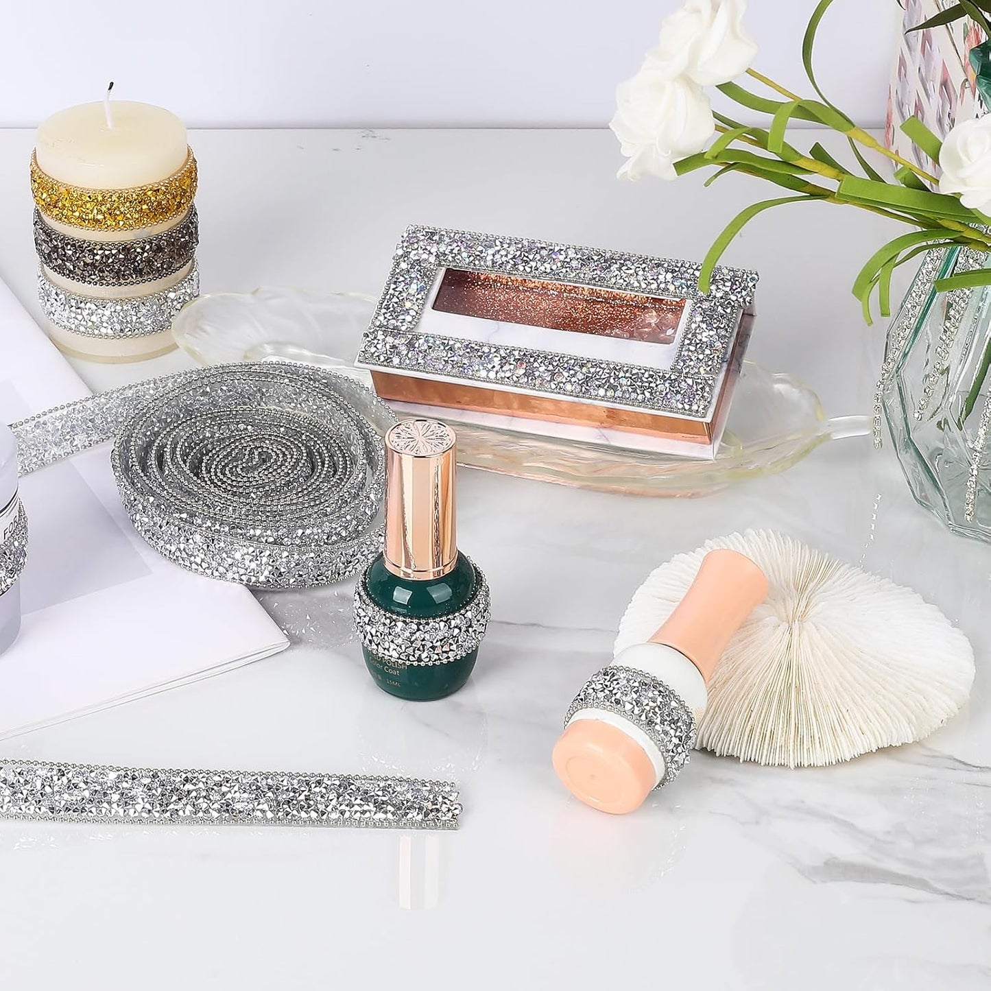 Rhinestone Ribbon 3 Yards Self Adhesive Rhinestone Strips Diamond Ribbon Sticker Crystal Roll Glitter Bling Rhinestones Tape for Crafting DIY Art Decoration (Silver,0.6 Inch)