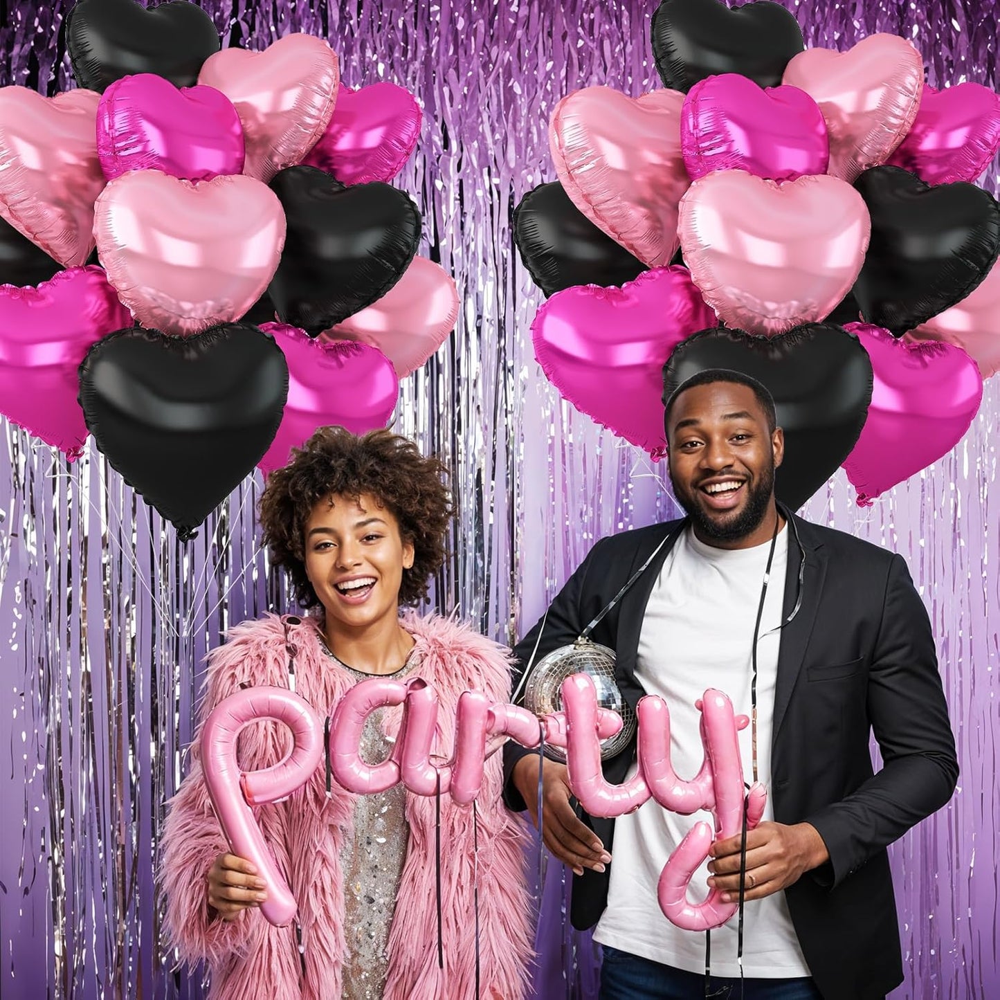 Pink Black Heart Balloons,12Pcs 18Inch Hot Pink Black Heart Shaped Foil Helium Balloons for Baby Shower Birthday Anniversary Wedding Engagement Party Decorations