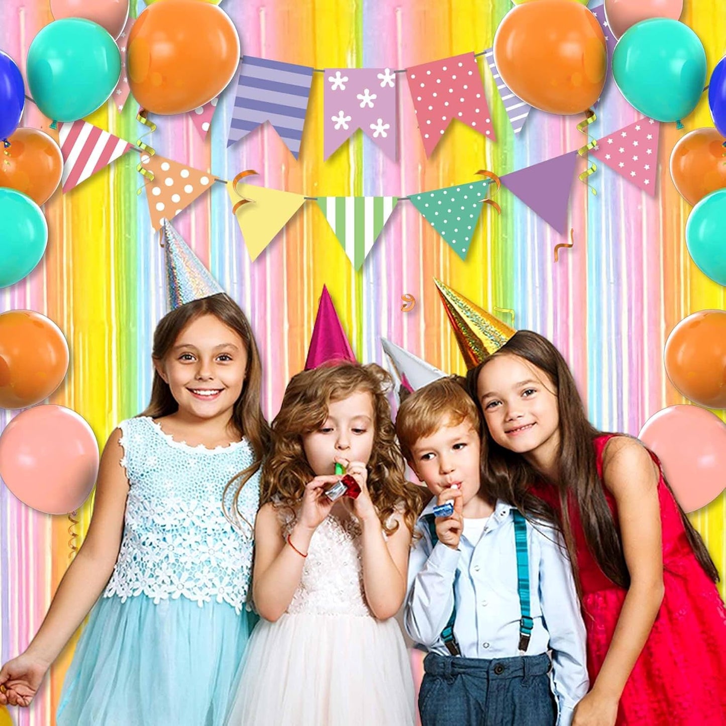 6 Pack Rainbow A Foil Fringe Curtains Backdrop, 3.28 x 8.2 Ft Metallic Streamers Tinsel Curtains Background for Photo Booth, Birthday, Weddings, Carnivals, Graduation, Themed Party Decorations