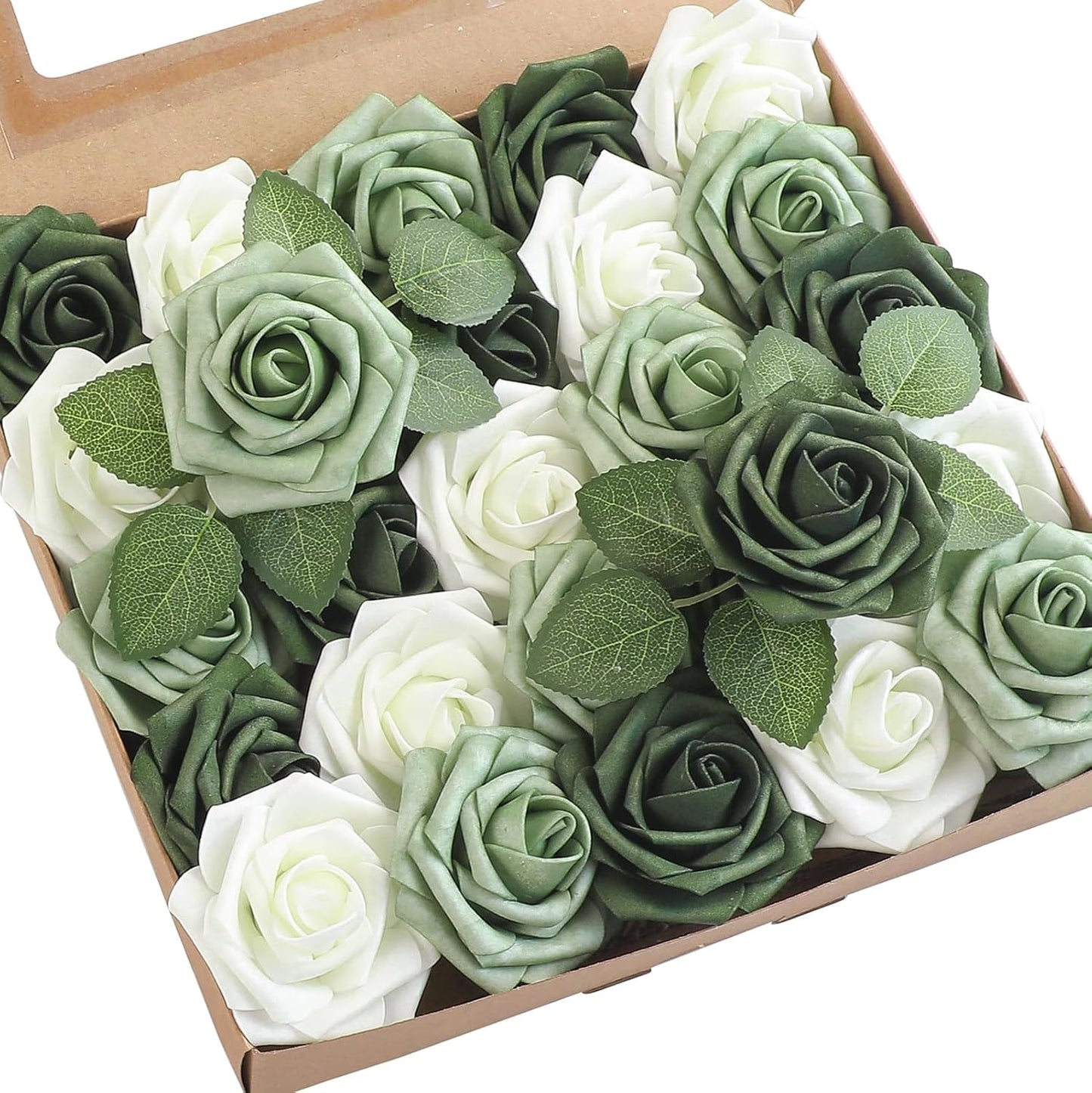 Floroom Artificial Flowers 25pcs Real Looking Sage Green & Emerald Green Foam Fake Roses with Stems for DIY Wedding Bouquets Bridal Shower Centerpieces Floral Arrangements Party Tables Decorations