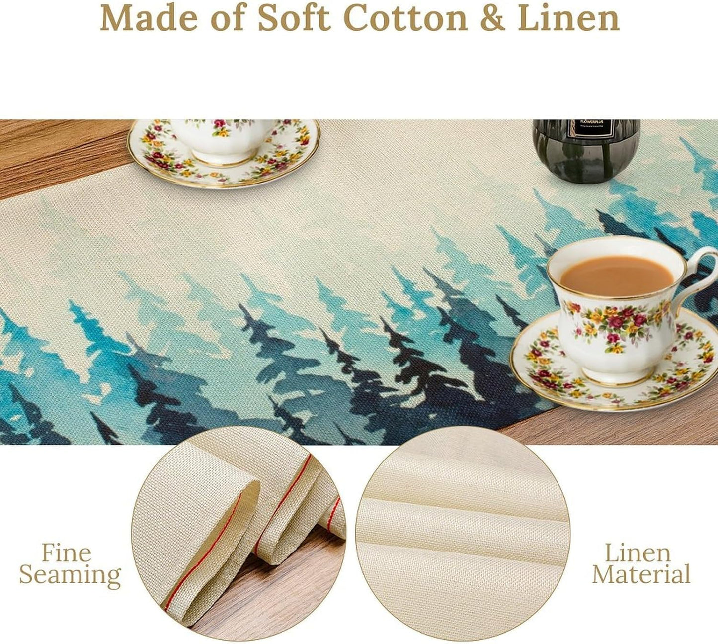 Misty Forest Table Runner,Foggy Blue Forest Landscape Table Runner for Kitchen Dining Table Home Party Decoration 13x108 Inch