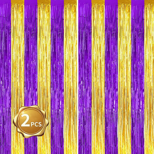 BEISHIDA 2Pcs Purple Gold Door Streamers Congrats Grade 2025 Decoration Backdrop Foil Fringe Tinsel Party Streamers Curtains for Birthday Graduation Mardi Gras Lakers Decoations (3.28 ft x 6.56 ft)