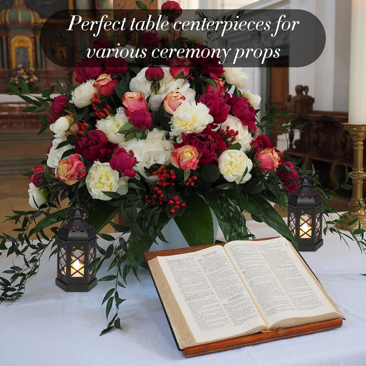 LLQ 12Pcs Mini Lantern with LED Candle, Small Black Lanterns Decorative for Halloween Decorations, Christmas Table Centerpiece, Flickering Candle Holders for Diwali Wedding Medieval Decor, Ornaments