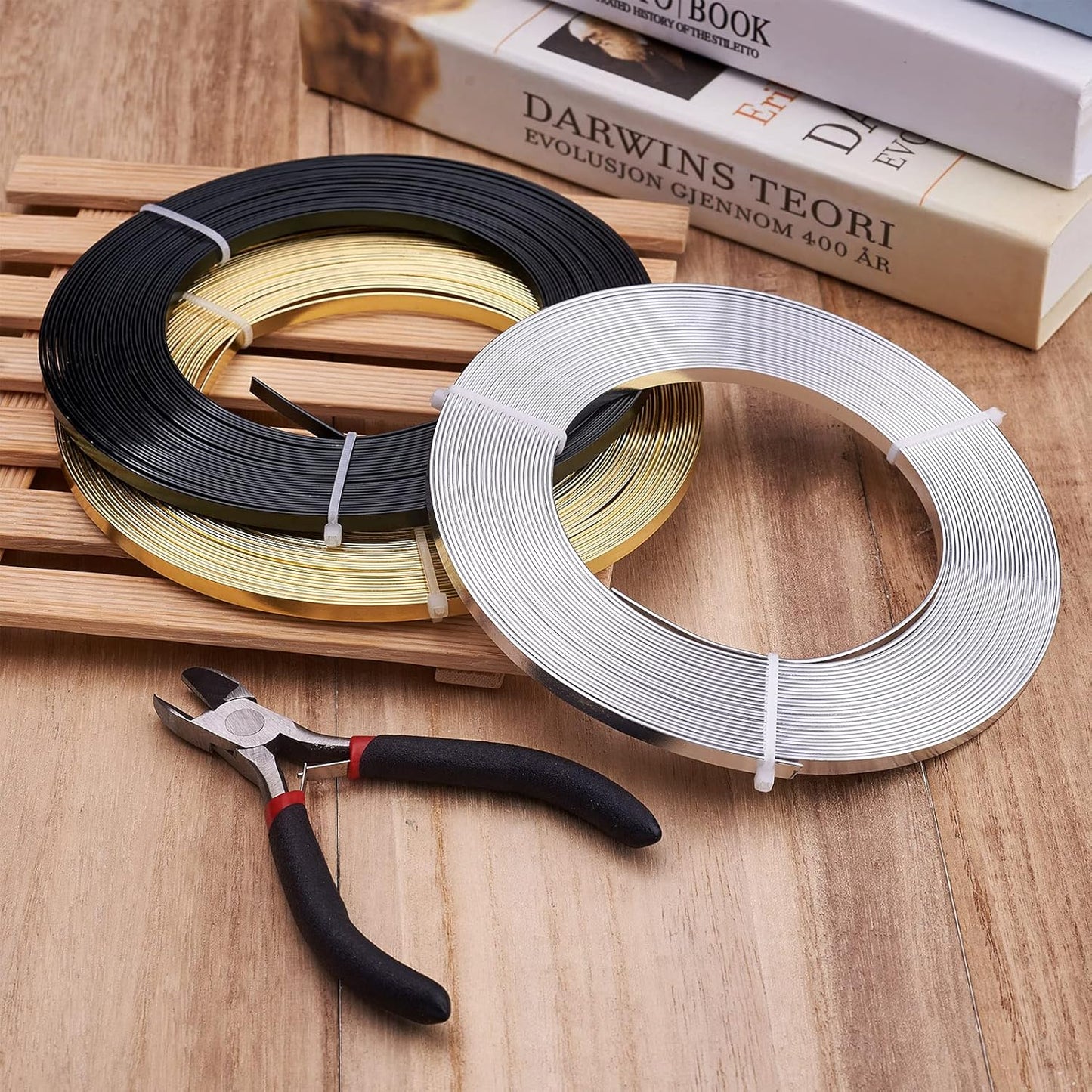 Fashewelry 98Ft 3 Colors Aluminum Flat Wire 5mm Wide Bendable Metal Craft Wire Strip 18 Gauge with Side Cutting Plier for Bezel Sculpting Armature Jewelry Making Gem Metal Wrap