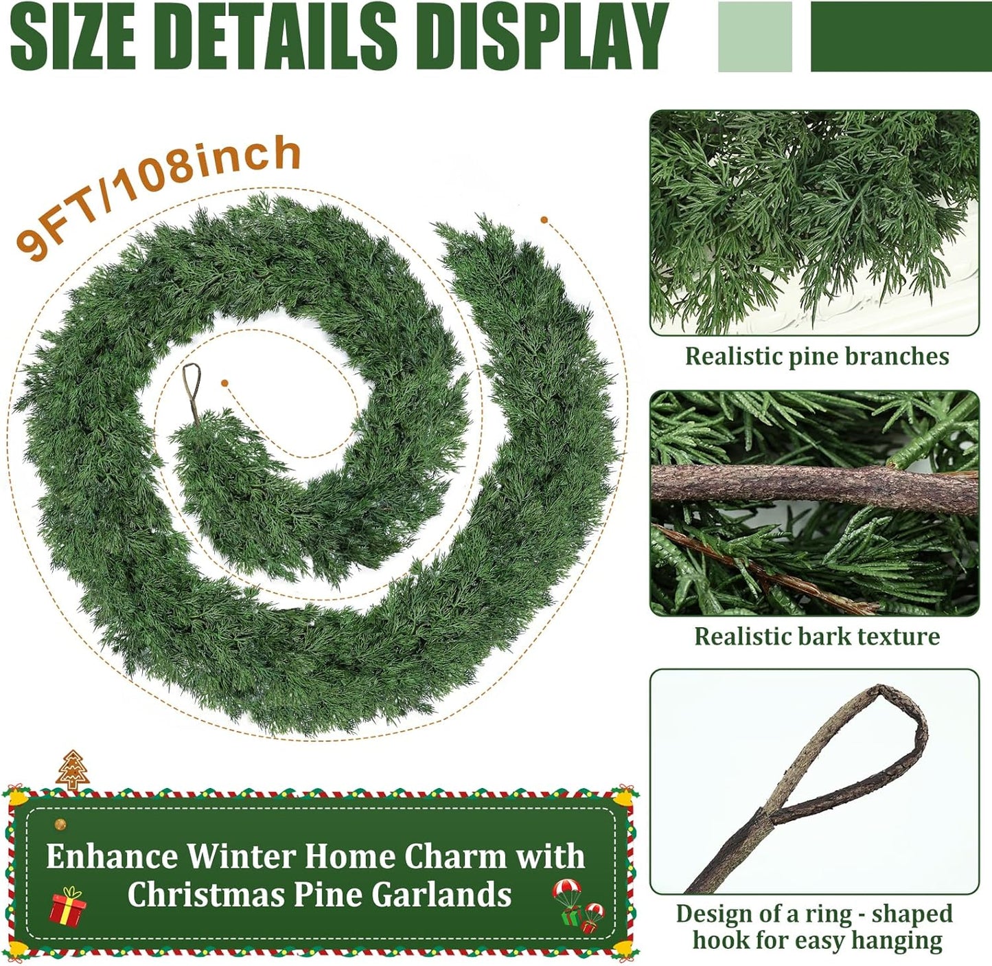 9ft Christmas Cedar Garland, Real Touch Pine Garland, Realistic Cypress Garlands Christmas Decorations for Mantel, Table, Stairs, Porch - Indoor Outdoor Xmas Holiday Decor