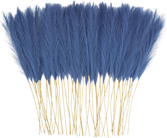 50pcs Faux Pampas Grass, 21.6" Short Artificial Pompous Grass Floral Fake Pompas Grass Branches Vase Filler Flower Arrangement for Home Wedding Boho Decor, Blue