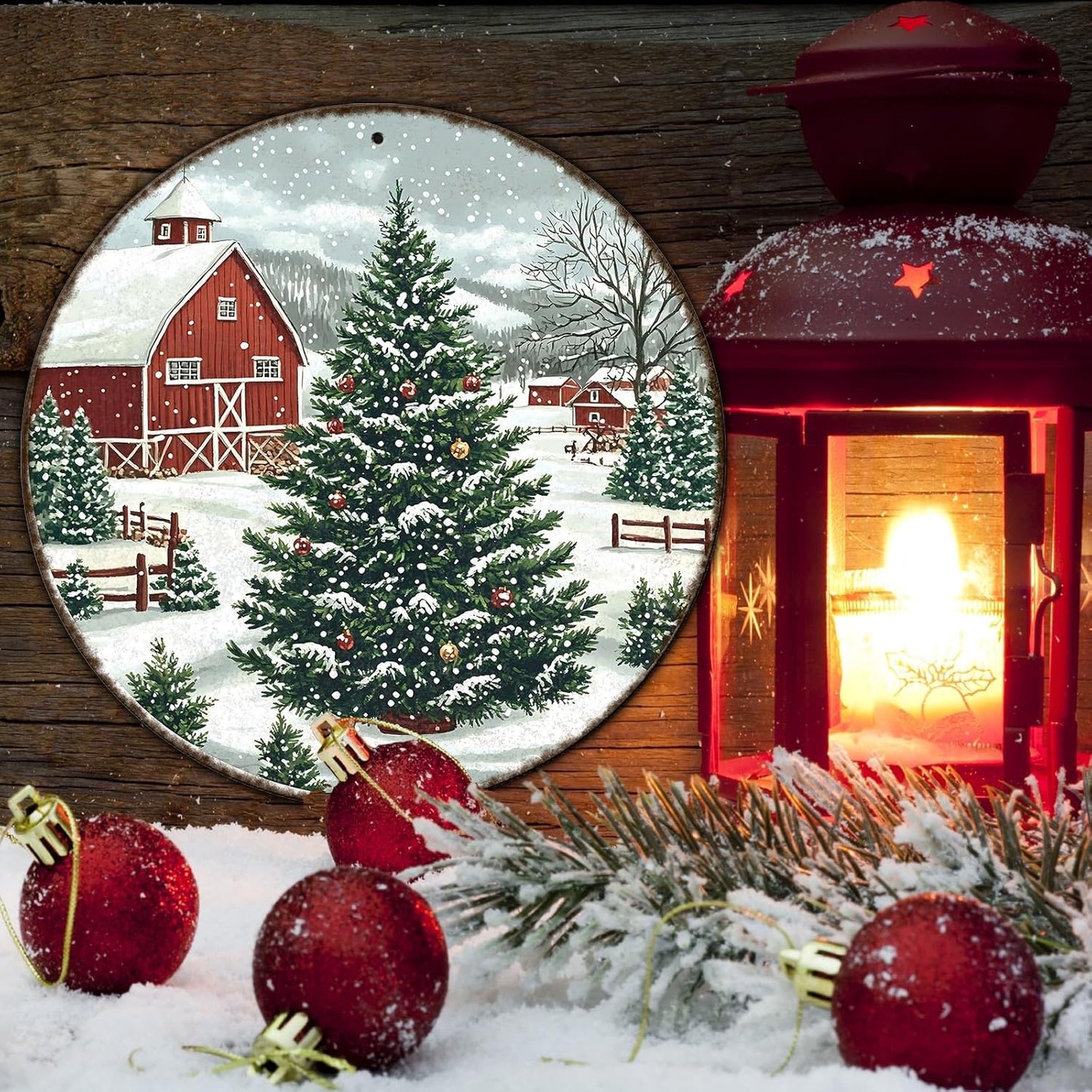 Round Christmas Trees Barn Metal Tin Sign Christmas Vintage Tin Sign for Kitchen Cafe Bar Farmhouse Home Wall Decor Art Winter Decoration 12 * 12 in
