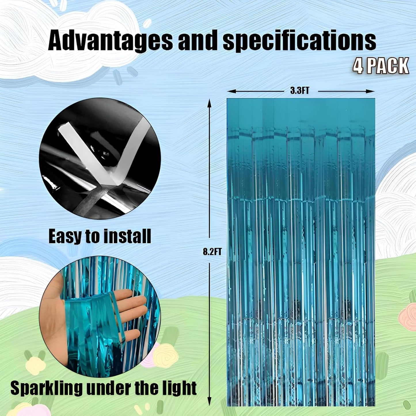 Keyali 4 Pack 3.3 * 8.3 ft Foil Curtain Metallic Tinsel Fringe Curtains Photo Booth Props Backdrop for Birthday Wedding Engagement Baby Shower Christmas Holiday Celebration Partyl,Light Blue