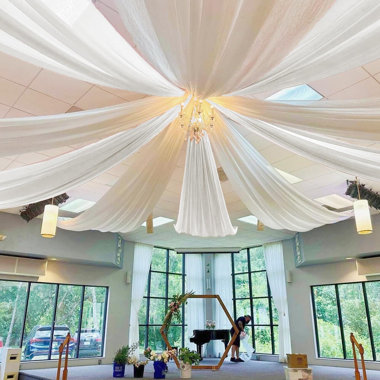 MODFUNS Wedding Ceiling Drapes White Wedding Arch Draping Fabric 2 Panels 5x20 FT Chiffon Drapery Curtains for Arbor Sheer Fabric for Draping Arch Decorations for Ceremony Swag Backdrop for Parties