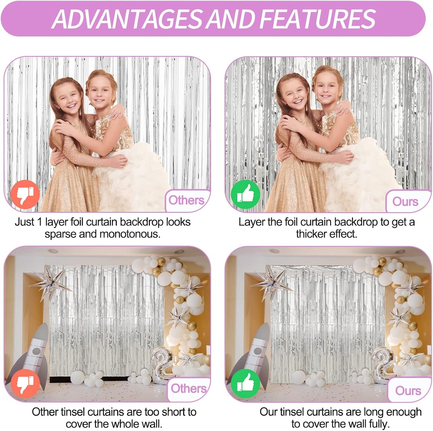 Crosize 4 Pack 3.3 x 9.9 ft Silver Foil Fringe Curtains Party Decorations, Silver Tinsel Curtain Backdrop for Parties, Door Streamers, Glitter Streamer Fringe Backdrop for Birthday Decoration