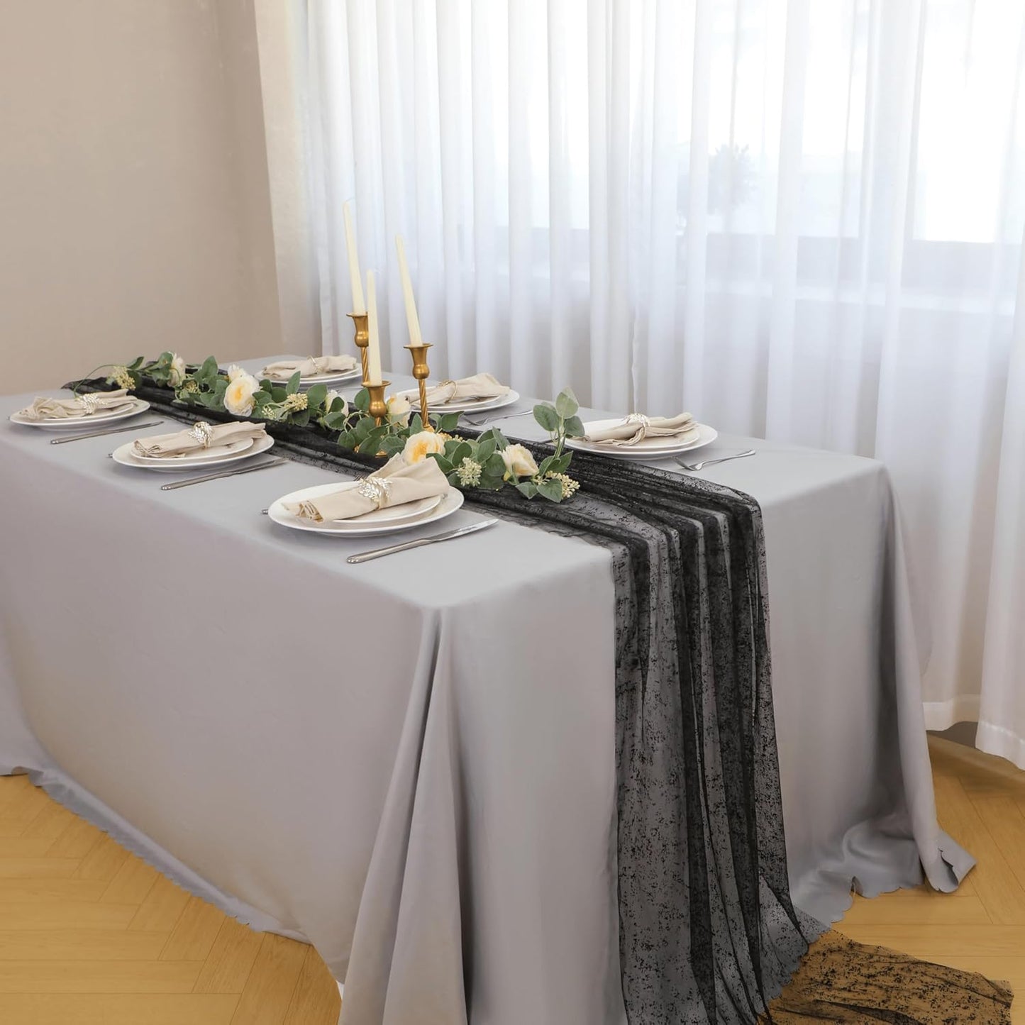 Snowkingdom Black Table Runner, 10FT Sheer Tulle Cheesecloth Gauze Metallic Mesh Foil Table Decoration for Halloween, Party, and Christmas
