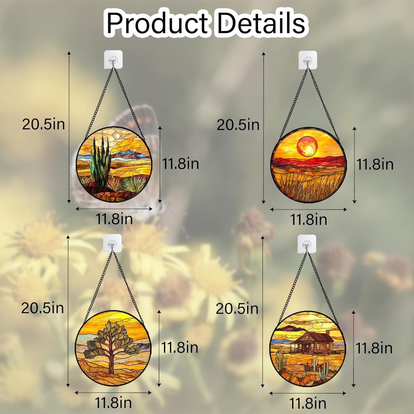 Stained Glass Window Hanging 4 Pcs Set Desert Sunset Theme Landscape Large 11.8" - Suncatcher Door Garden Sun Catcher Decor Birthday Christmas for Mom Woman Nana Men