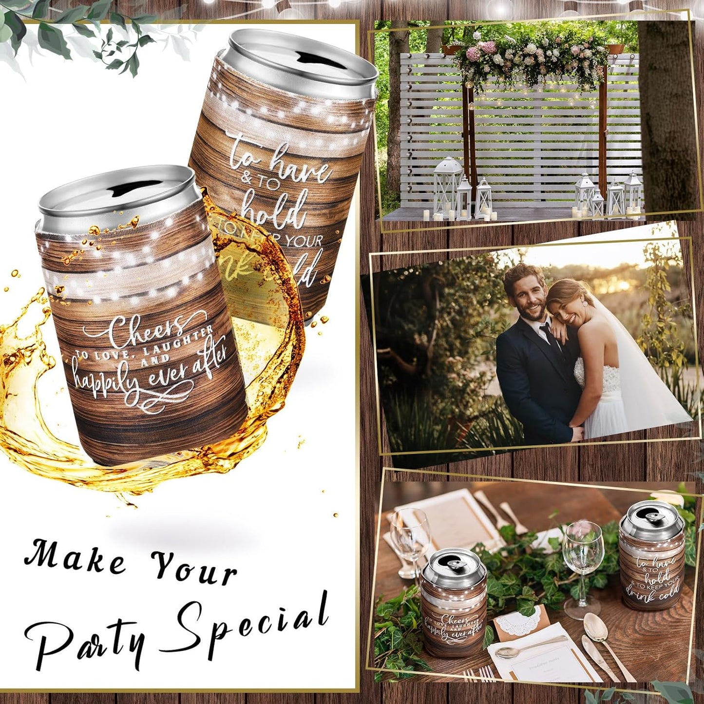 50 Pieces Wedding Can Cooler Bulk Engagement Party Favors for Guests Cheers to Love Laughter and Happily Ever After Rehearsal Dinner Decorations for Wedding Bridal(Wood Grain,Cute)