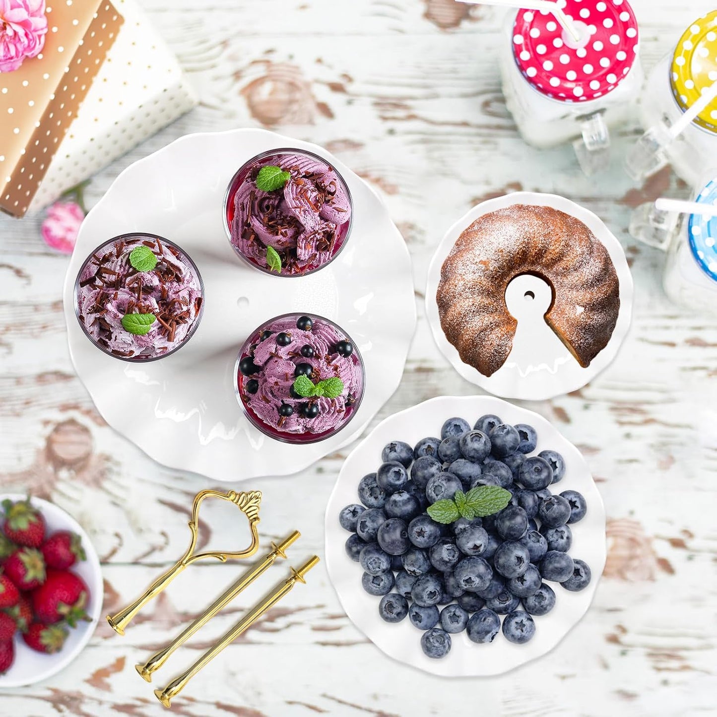 Coitak 3 Tier Cupcake Stand, Plastic Tiered Serving Stand, Dessert Tower Tray for Tea Party, Baby Shower and Wedding (Wavy-Metal Rod)