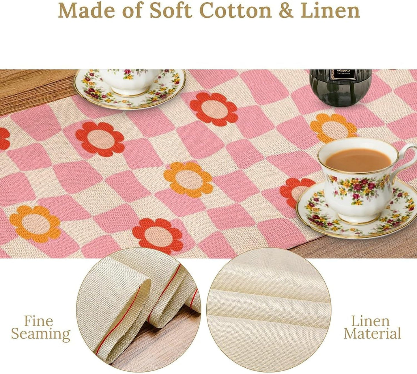 Vintage Floral Table Runner,60s Retro Color Funky Hippie Print Table Cloth Kitchen Dining Table Home Party Decoration 13x90 Inch