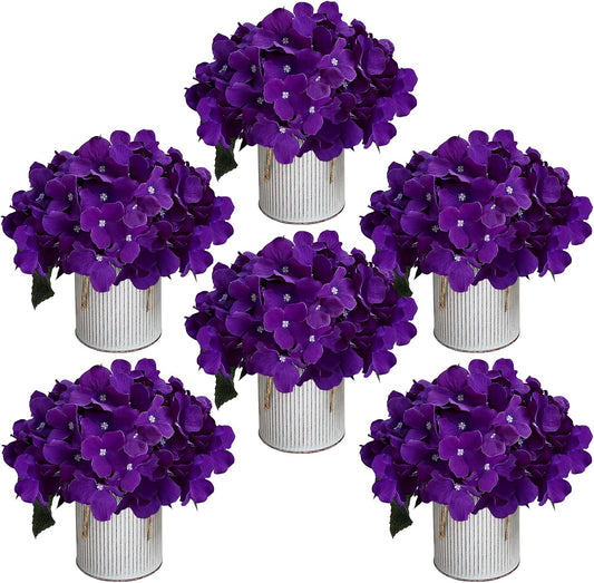 Flower Table Centerpieces - Set of 6 Floral Arrangement Artificial Wedding Hydrangeas Floral Arrangement with Rustic Metal Vase for Bridal Tea Party Event Decorations - Deep Purple