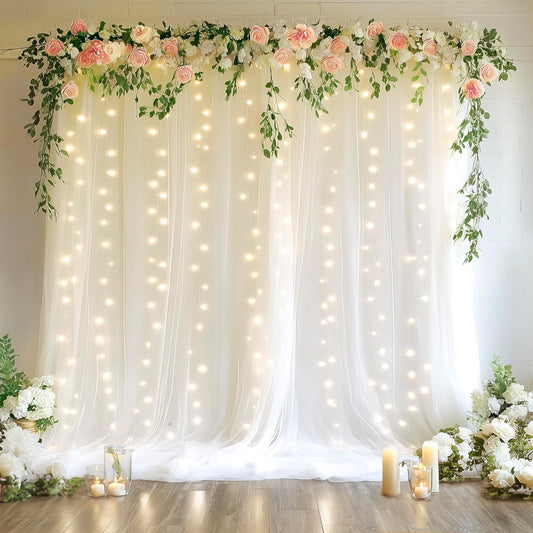 Tulle Backdrop Curtains with Lights String White 10FT X 8FT Sheer Curtain with Lights Tulle Curtains Backdrop for Wedding Birthday Party Baby Shower Photo Shoot (2 Panels 5x8FT)