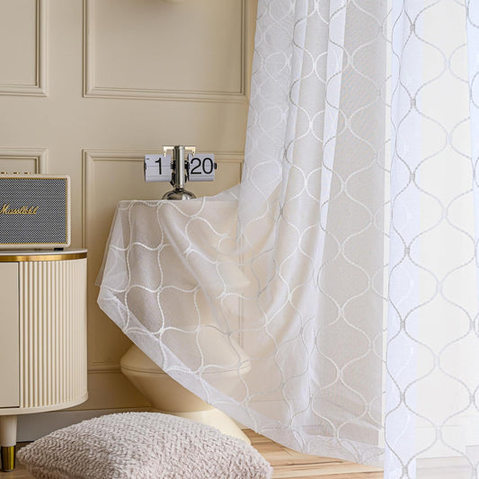 Sheer Curtains White 63 Inches Embroidered Wave Diamond, Rod Pocket Voile Drapes for Living room, Bedroom, Window Treatments Semi Crinkle Curtain Panels for Yard, Villa, Parlor, Set of 2, 52"x 63".