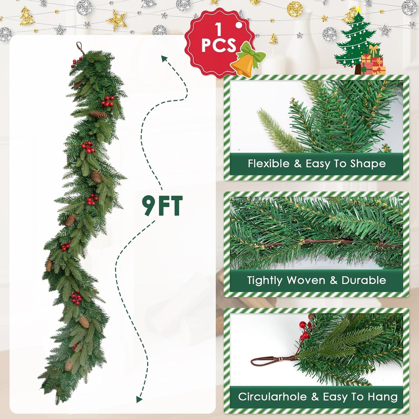 9FT Christmas Garland Artificial Norfolk Pine Tree Greenery, Cedar Cypress with Red Berries Pine Cones, Realistic Winter Holiday Mantel Fireplace Door Table Decor, Indoor Outdoor