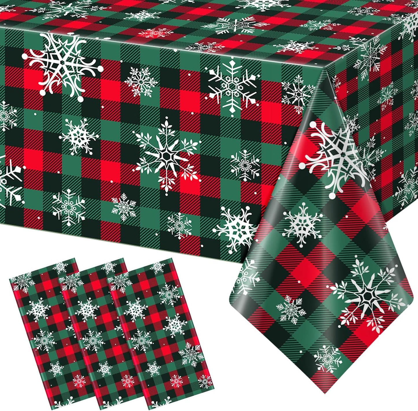 3Pcs Christmas Buffalo Plaid Snowflake Party Tablecloths Decorations,Plastic Red and Green Checkered Rectangle Table Cover for Winter Christmas New Year Birthday Holiday Party Decorations,54x108 inch