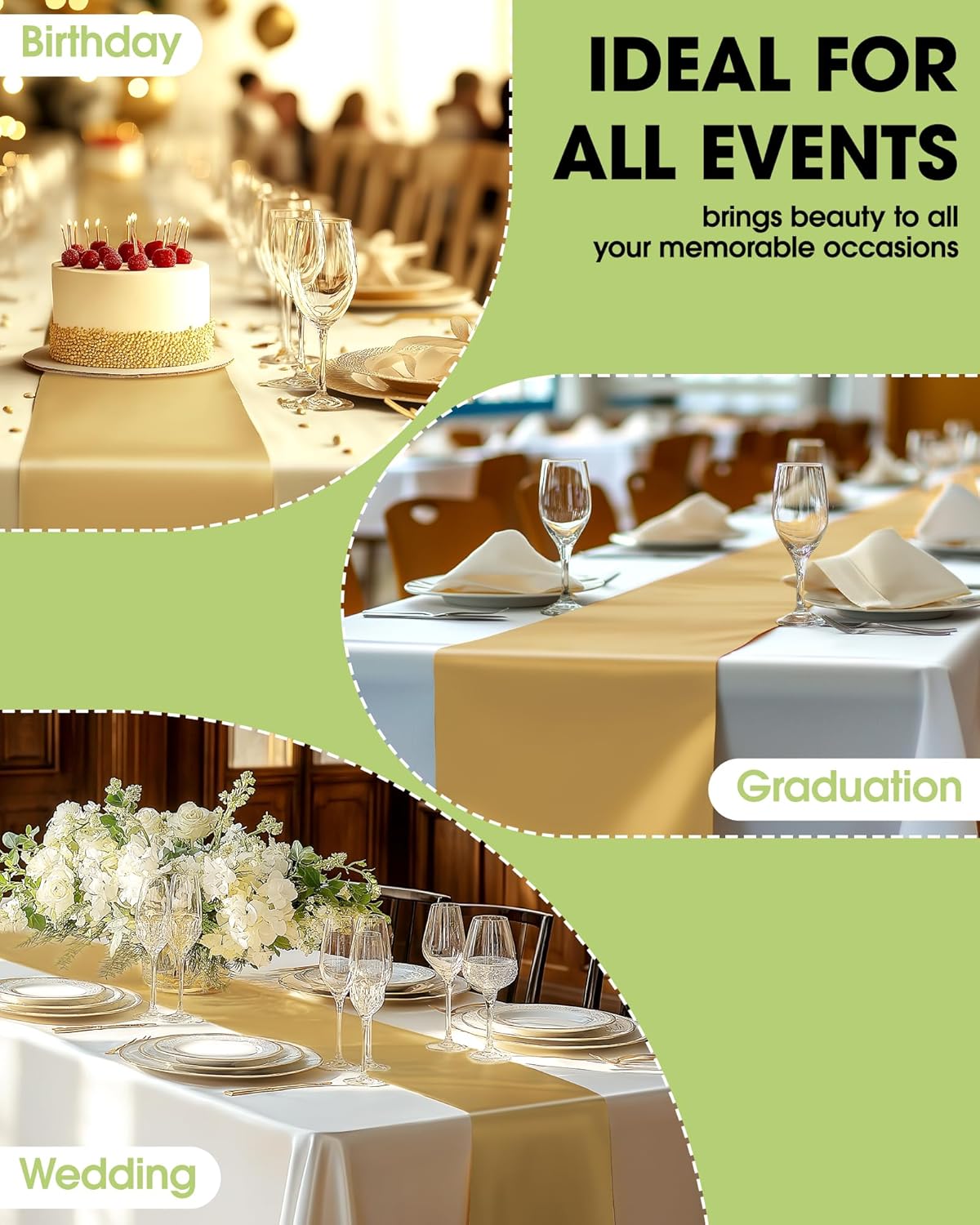 Pureegg Gold Plastic Table Runners - 20 Pack, 14'' x 108'', Water Resistant & Disposable Centerpiece Decorations for Table Cloth, Wedding, Birthday, Holiday, Baby Shower, Party, Home Decor