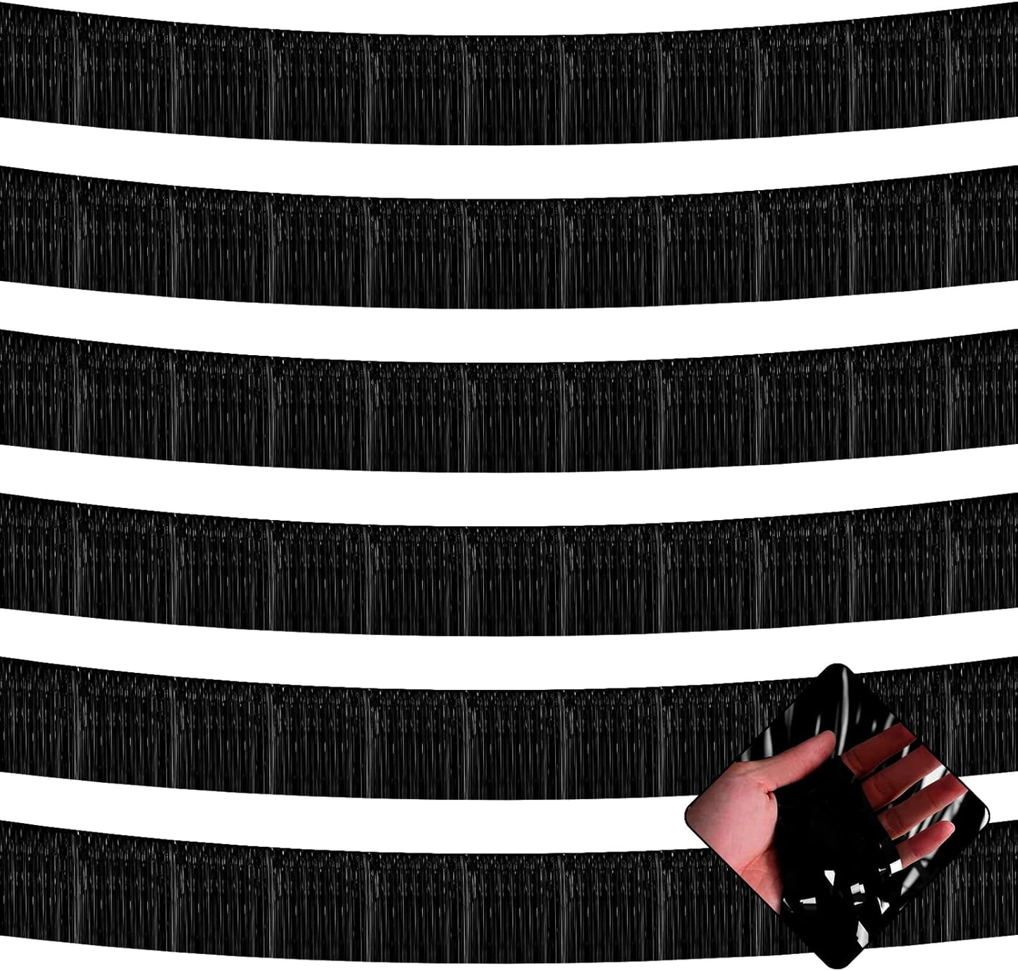 10 Pack 10 Feet Black Foil Fringe Garland Metallic Tinsel Streamers Banner Wall Hanging Curtain Backdrop for Parade Floats, Bachelorette, Wedding, Birthday, Halloween, Christmas Party Decorations