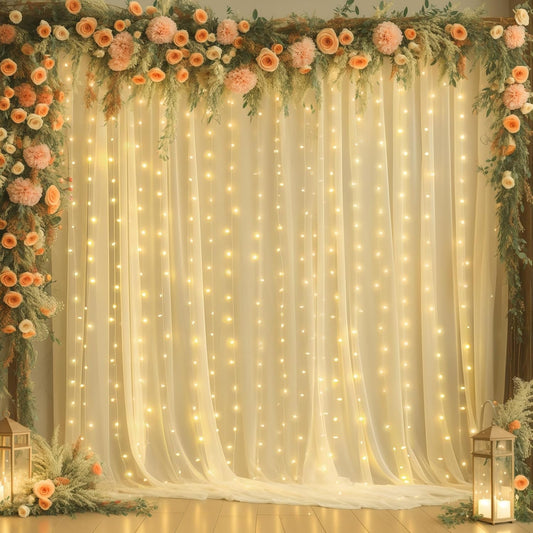 20x8ft Champagne Tulle Backdrop Curtains with Lights for Party Wedding Baby Shower, Sheer Drape Backdrop Curtains for Birthday Party Photo Booth Background Decoration