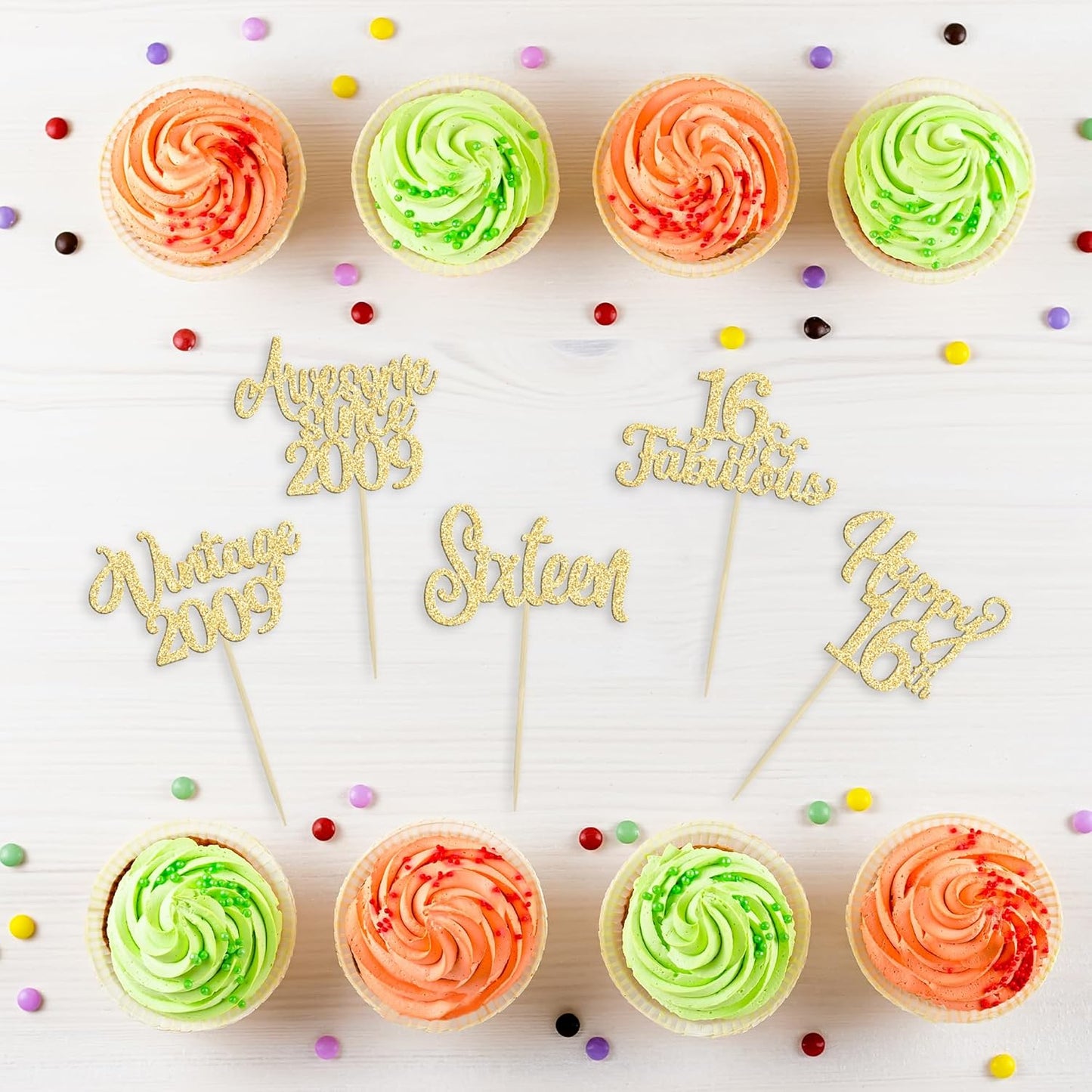 30Pcs Vintage 2009 Cupcake Toppers Glitter Sixteen Happy 16th Birthday 16 Fabulous Cupcake Picks Cheers to 16 Years for 16th Birthday Wedding Anniversary Party Cake Decorations Supplies Gold
