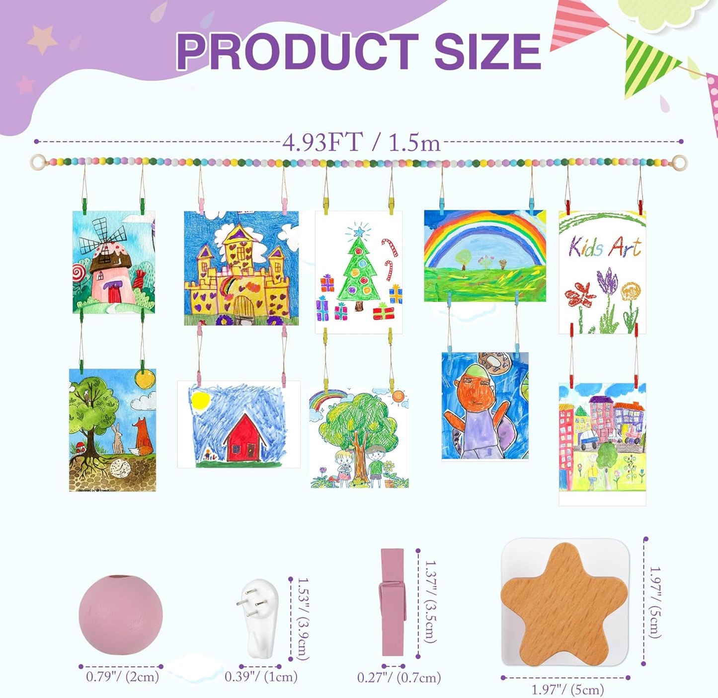 Kids Artwork Display Art Wall Decor 4.93ft Boho Wooden Beaded Garland Collage Holder with Hanging Rings Wooden Stars Hook 40 Wood Clips for Kids Artwork Photo Room Bedroom Decor Colorful