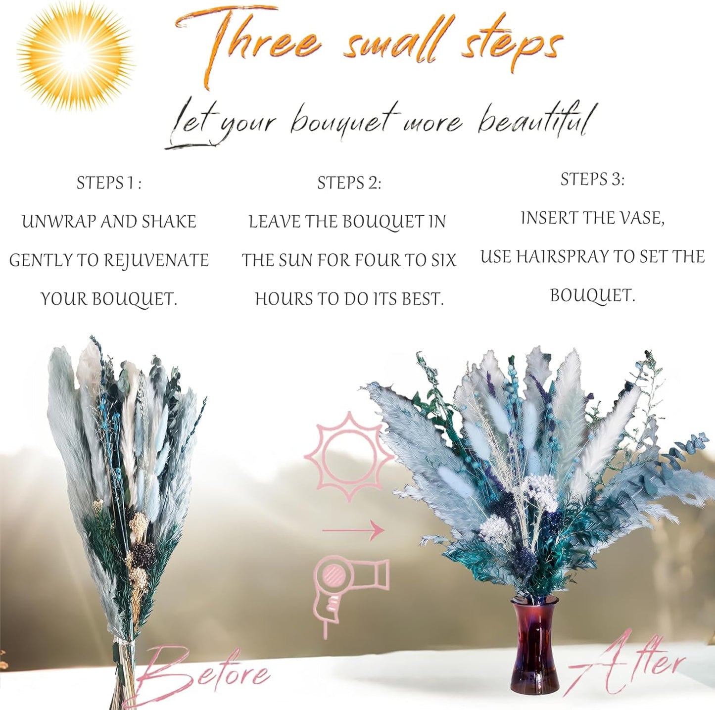 Pampas Grass Decor Dried Flowers with Blue Pampas Grass Boho Floral Arrangements for Home Office Wedding Centerpieces Rustic Blue Flowers Decor