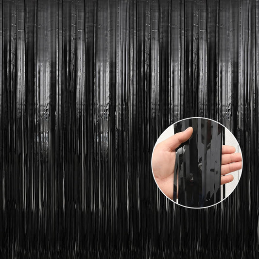 Crosize 4 Pack 3.3 x 9.9 ft Black Foil Fringe Backdrop Curtain, Streamer Backdrop Curtains, Streamers Birthday Party Decorations, Tinsel Curtain for Parties, Photo Booth Backdrops, Party Décor